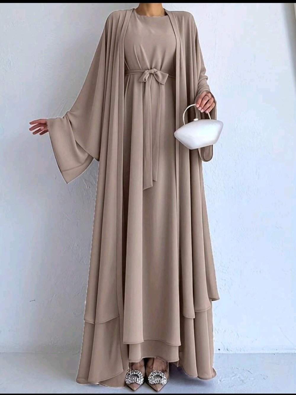 Taupe Maxi Dress with Draped Cape and Self-Tie Waist